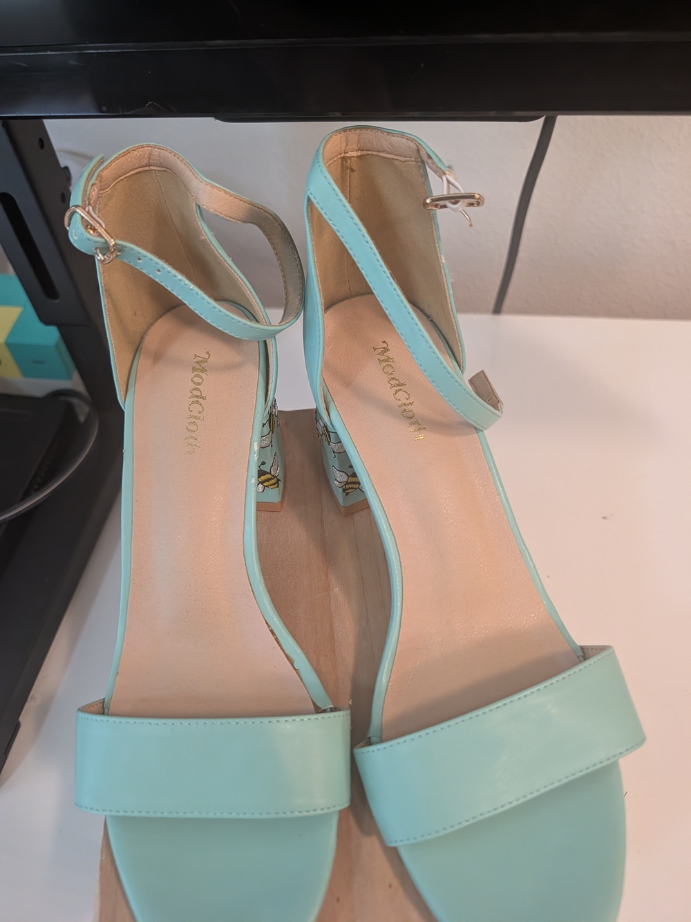 ModCloth Aqua Block Heel Sandals with Bee Embroidery - Picture 7 of 8